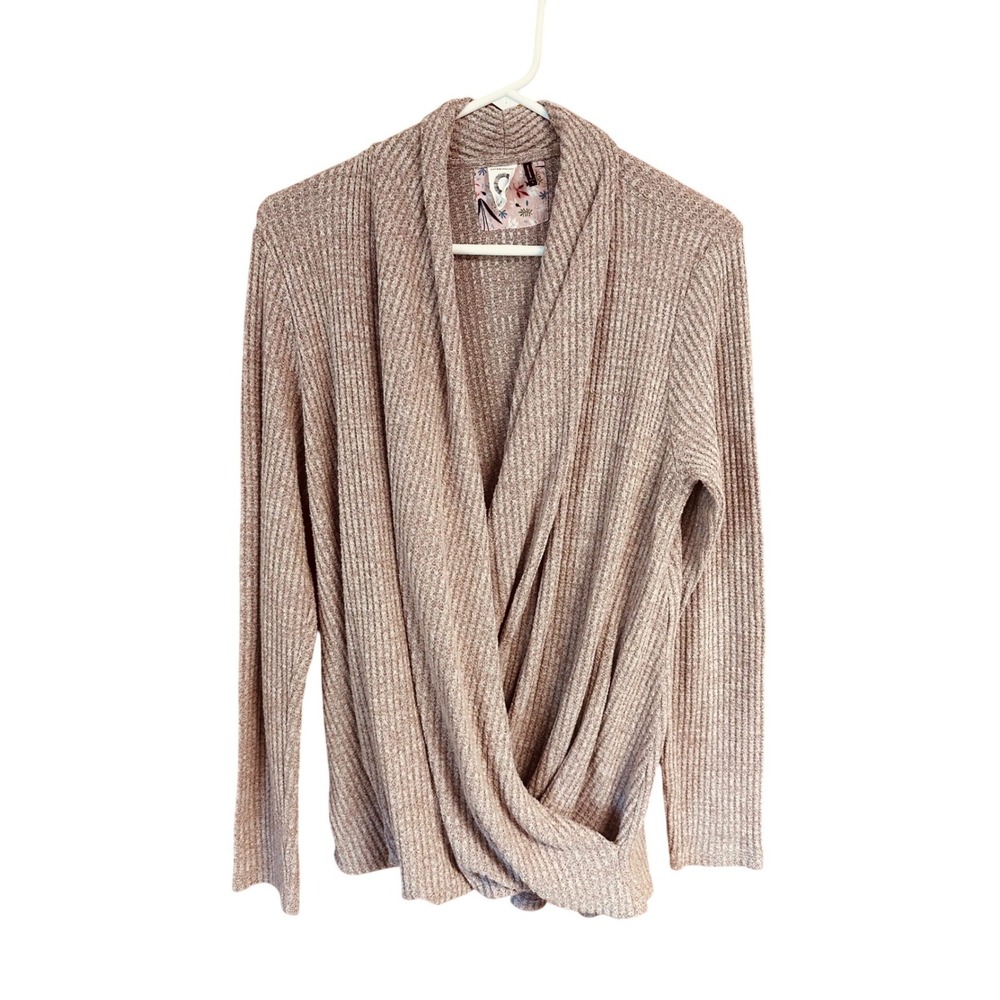 Anthropologie Akemi + Kin Brown Waffle Knit‎ Wrap Front Shawl Sweater L Cozy